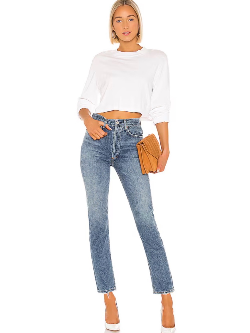 AGOLDE Riley High-Rise Straight Crop Jeans Medium Blue Wash Raw Hem Size 28